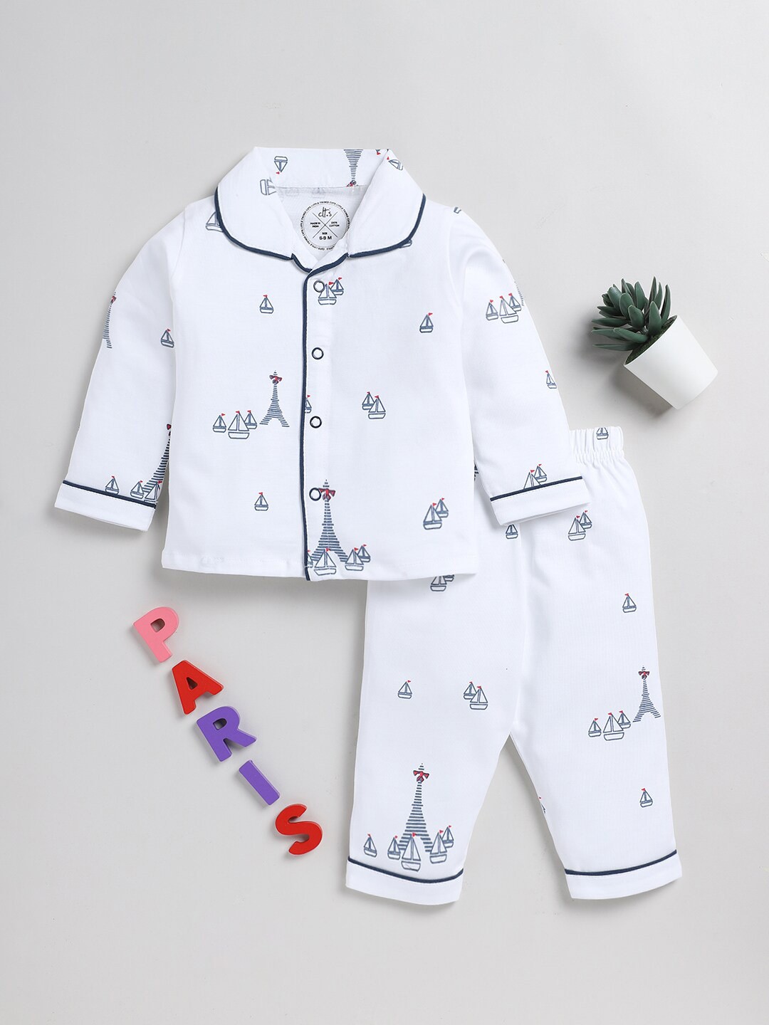 

Clt.s Infants Kids Graphic Printed Pure Cotton Shirt With Pyjamas, White