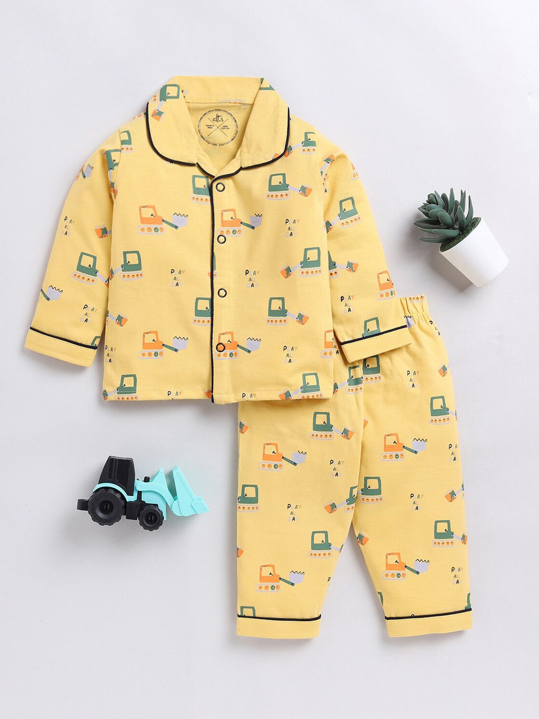 

Clt.s Kids Conversational Printed Pure Cotton Night Suit, Yellow