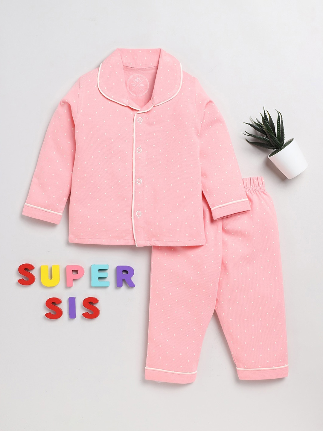

Clt.s Kids Polka Dot Printed Pure Cotton Night suit, Pink