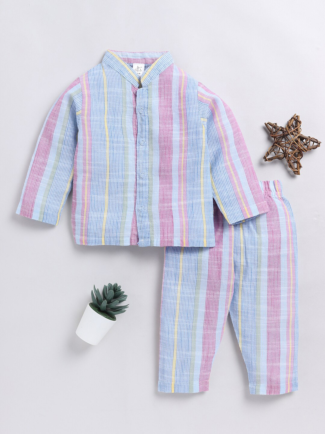 

Clt.s Infants Striped Cotton Shirt And Pyjamas Night Suit, Blue