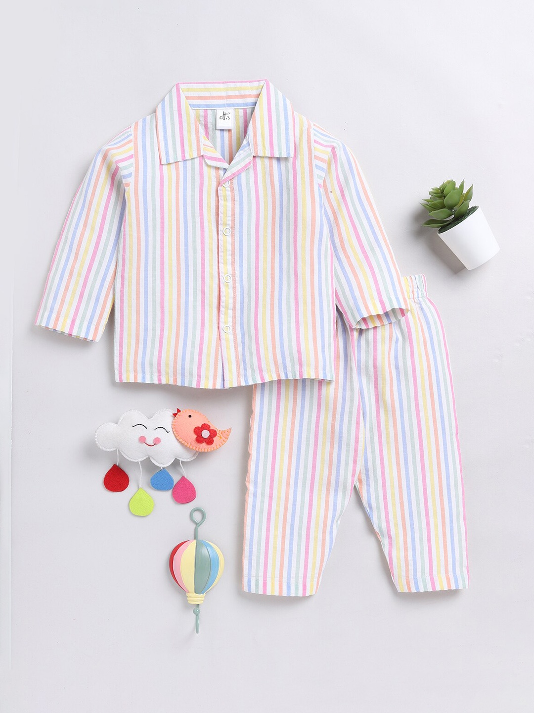 

Clt.s Unisex Kids Striped Pure Cotton Shirt & Trousers, White