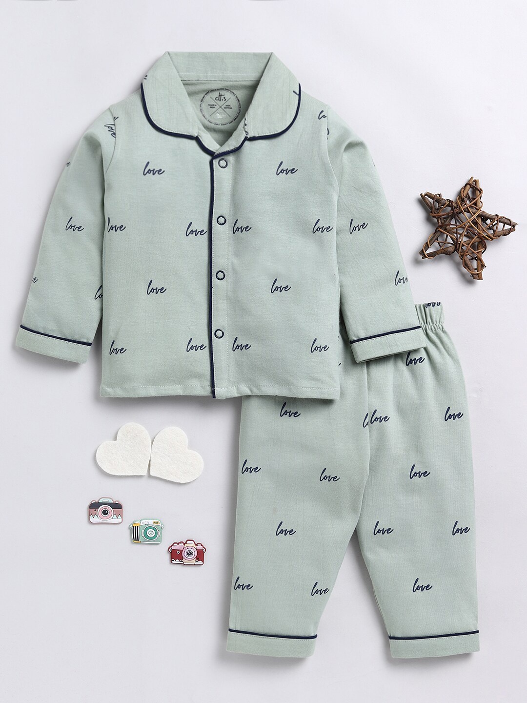 

Clt.s Kids Typography Printed Pure Cotton Night suit, Green