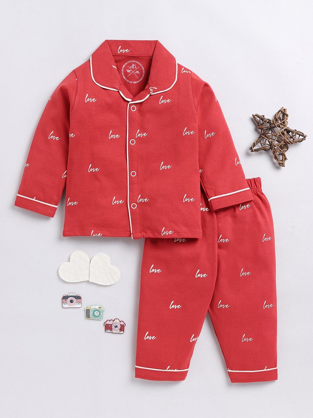 

Clt.s Kids Typography Printed Pure Cotton Night Suit, Red