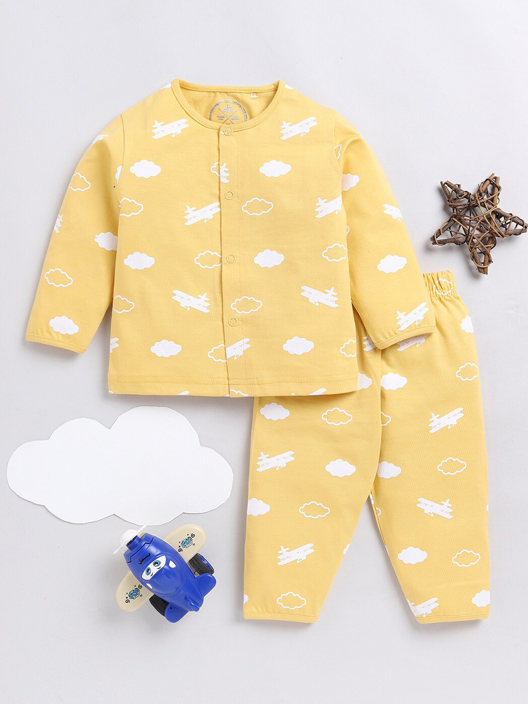 

Clt.s Infants Kids Graphic Printed Pure Cotton Shirt With Pyjamas, Yellow
