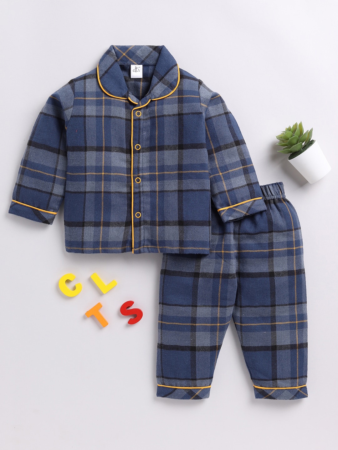 

Clt.s Unisex Kids Checked Pure Cotton Shirt & Trousers, Navy blue