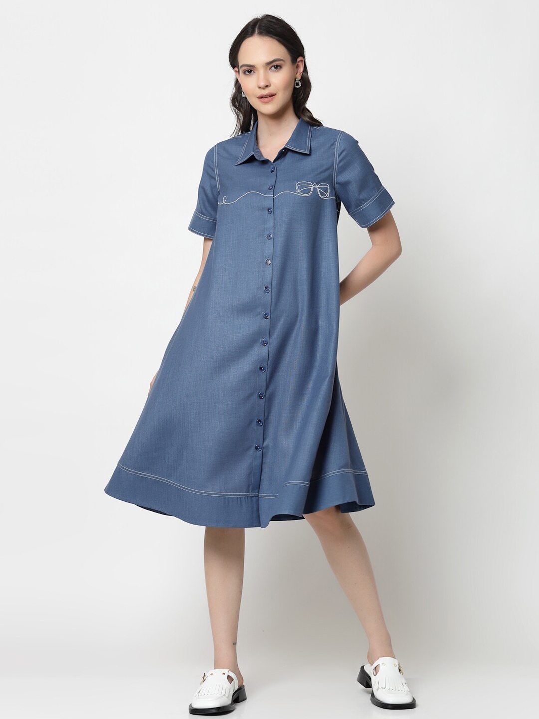 

OFFICE & YOU Embroidered Cotton Shirt Dress, Blue