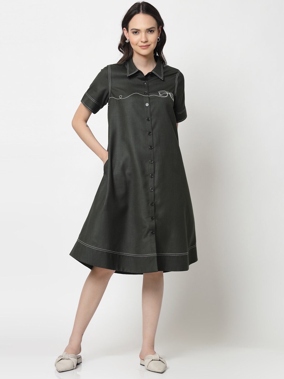 

OFFICE & YOU Embroidered Cotton Shirt Dress, Green