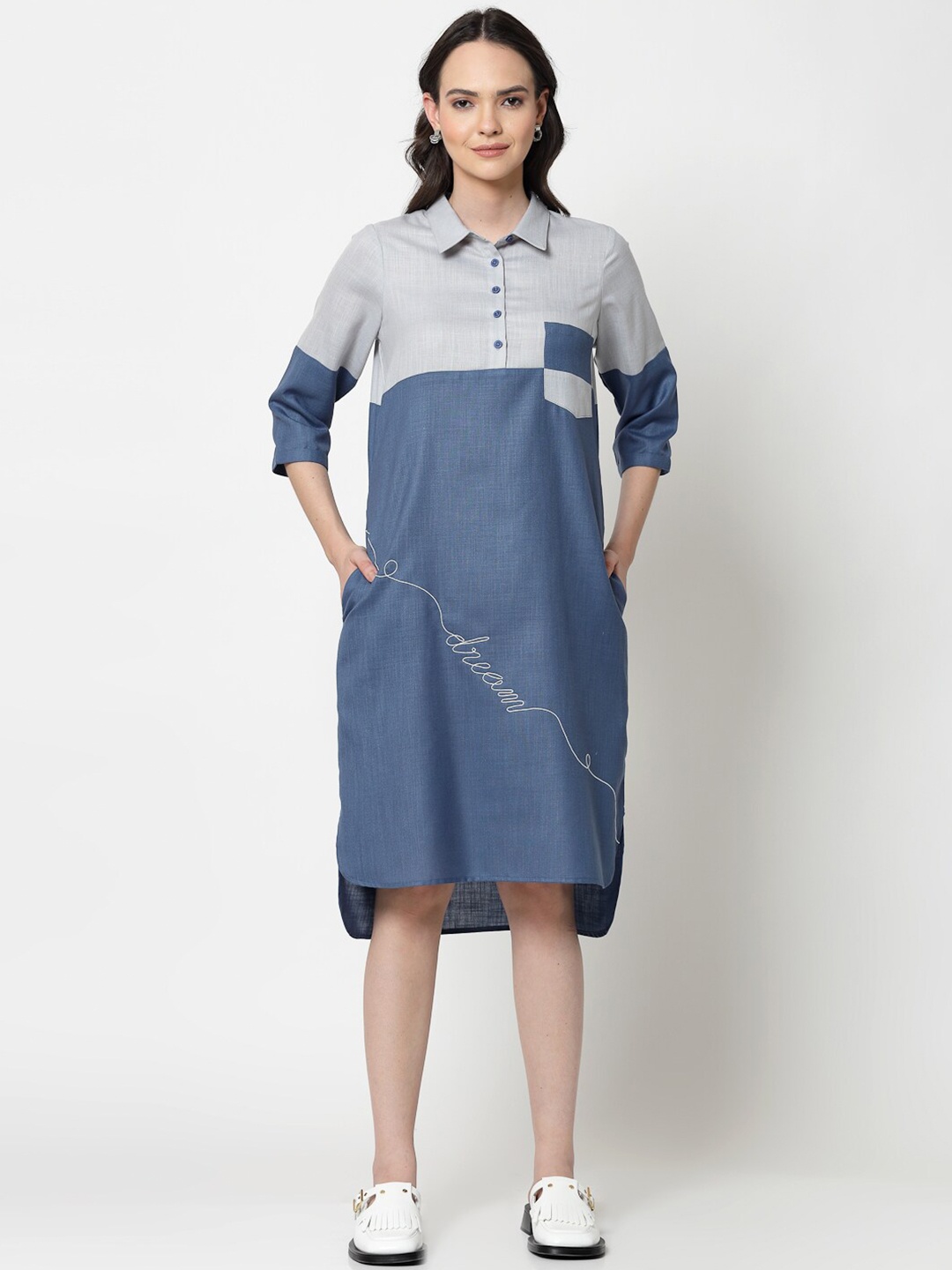 

OFFICE & YOU Colourblocked Embroidered Cotton Shirt Dress, Blue