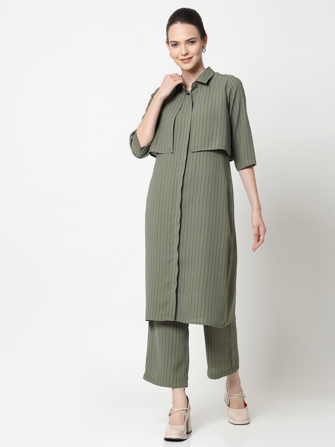 

OFFICE & YOU Striped Shirt Collar Straight Cotton Fusion Kurta, Olive