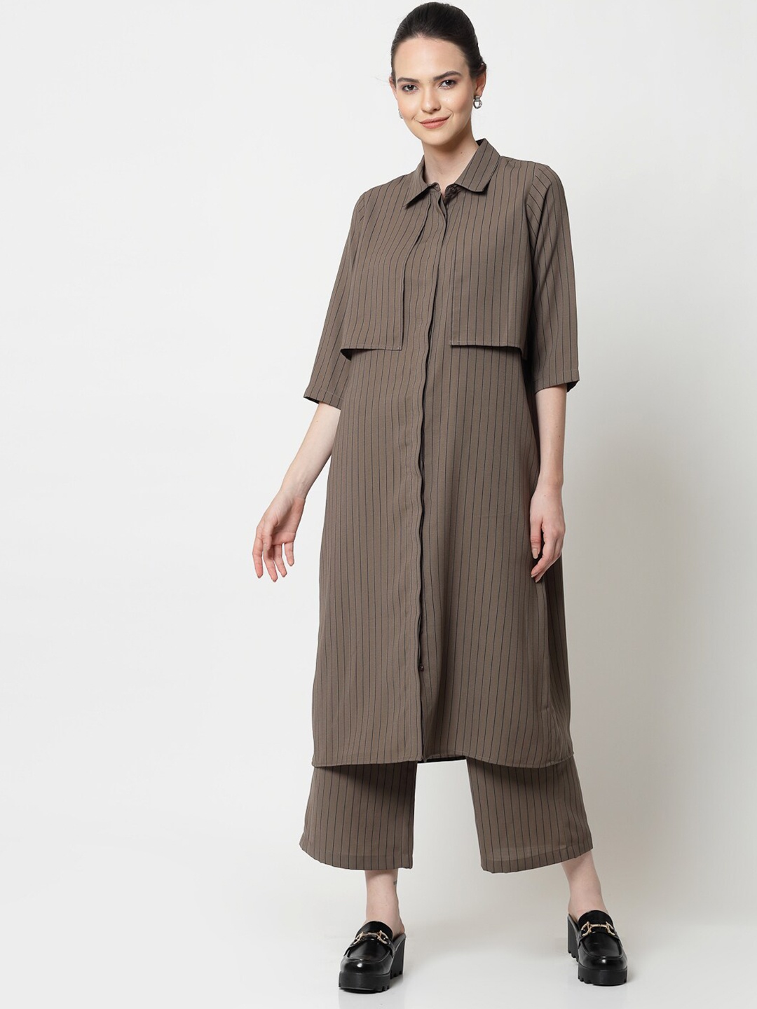 

OFFICE & YOU Striped Shirt Collar Straight Cotton Fusion Kurta, Beige