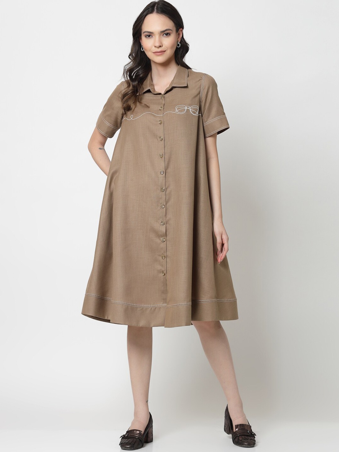 

OFFICE & YOU Embroidered Cotton Shirt Dress, Beige