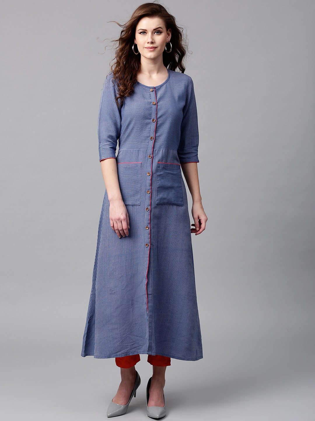 

Tulsattva Women Blue & White Striped A-Line Kurta