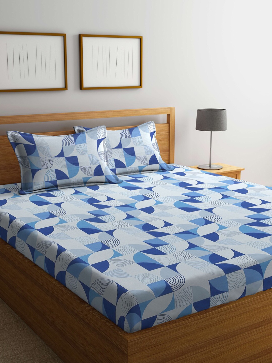 

BOMBAY DYEING Blue & White Geometric Pure Cotton 104 TC Queen Bedsheet & 2 Pillow Covers
