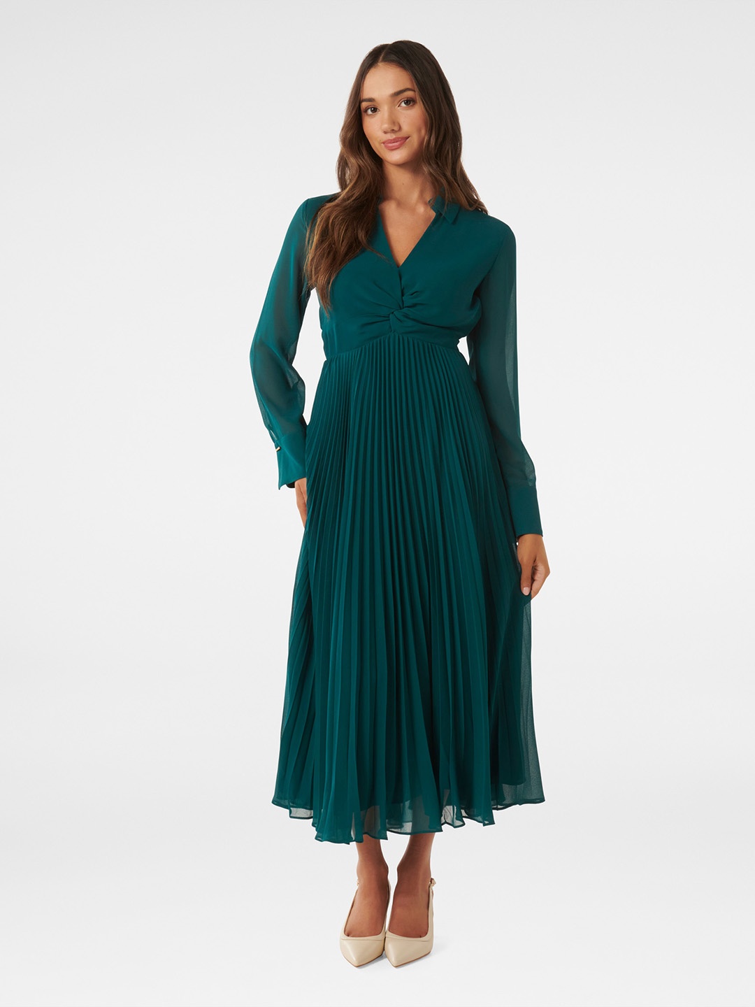 

Forever New Accordion Pleats Twisted Fit & Flare Maxi Dress, Green