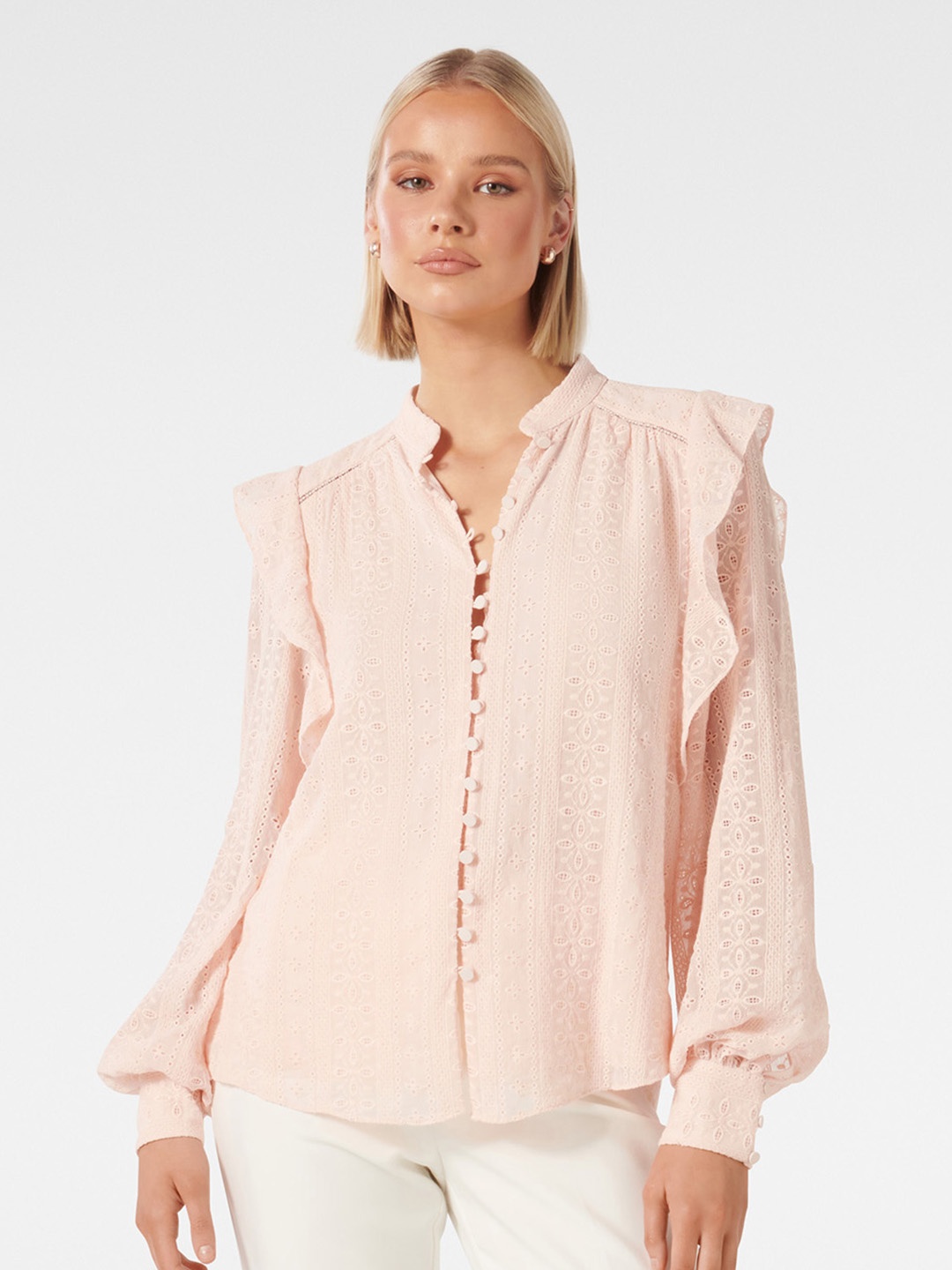 

Forever New Schiffli Mandarin Collar Lace Shirt Style Top, Peach