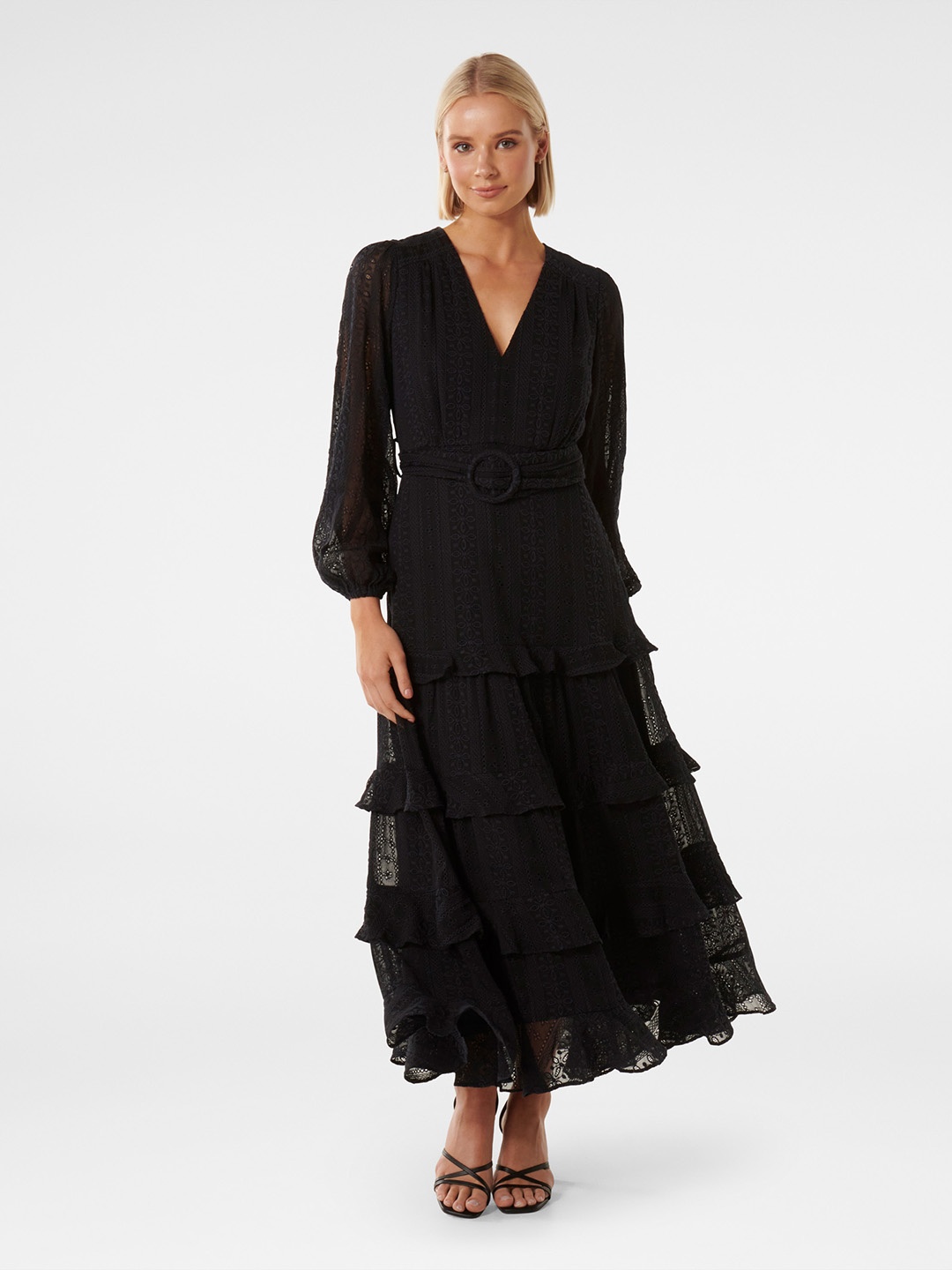 

Forever New Floral Embroidered Layered Lace Fit & Flare Maxi Dress, Navy blue