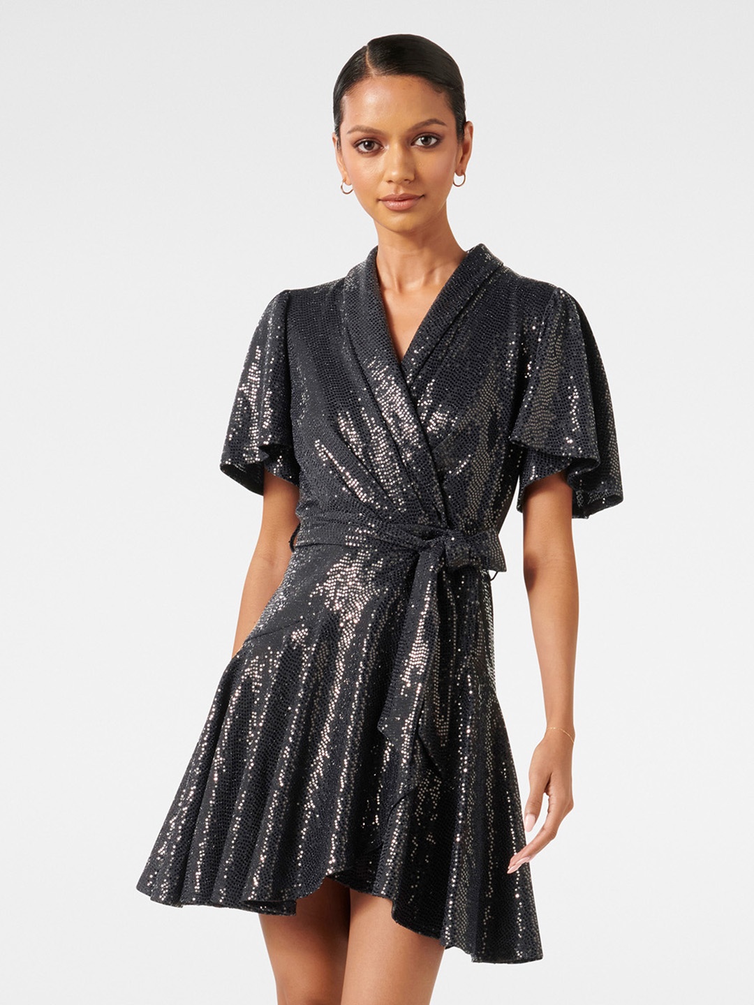 

Forever New Embellished Flared Sleeves Sequinned Wrap Dress, Navy blue