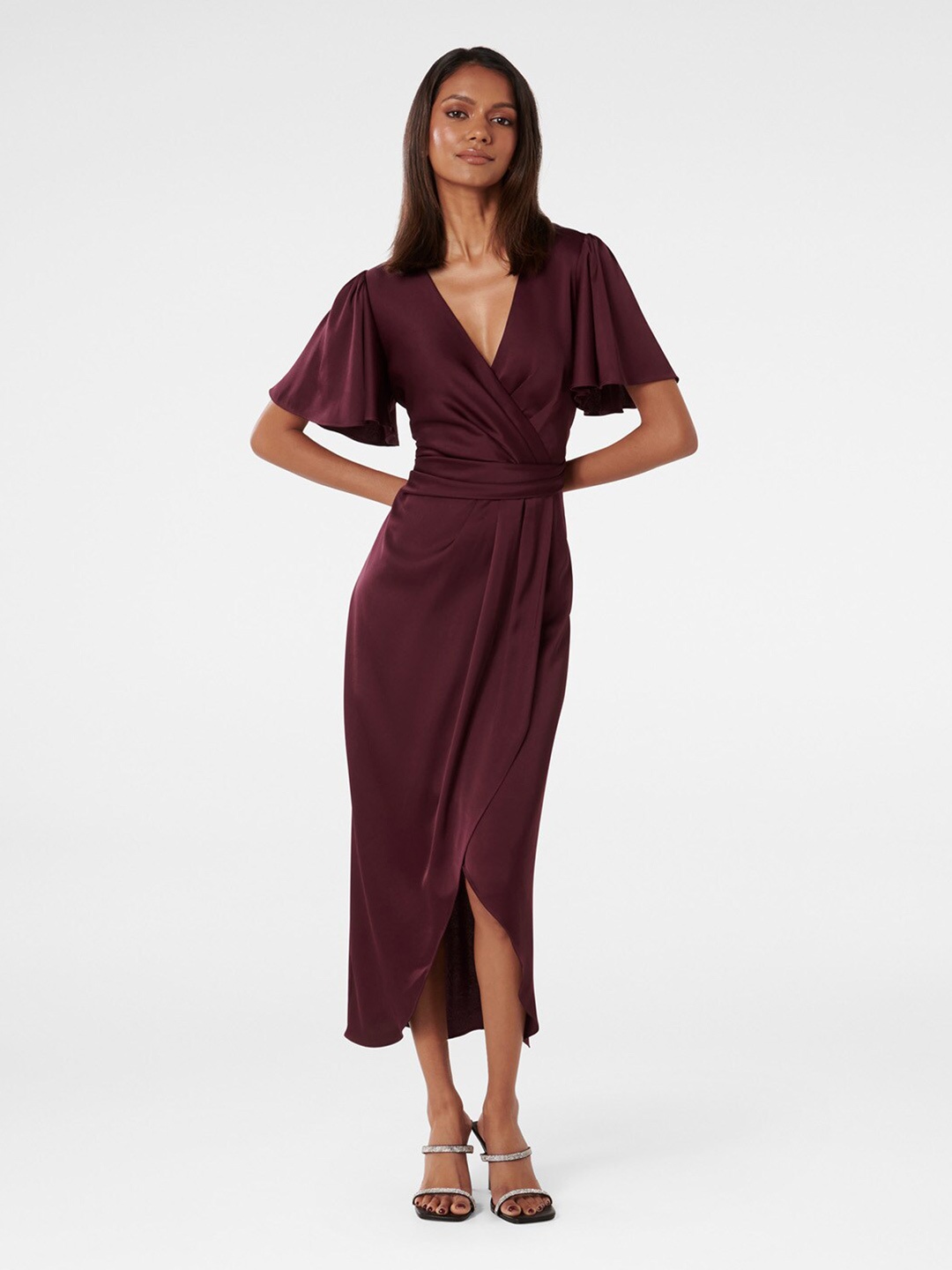 

Forever New Flared Sleeve Warp Midi Dress, Maroon