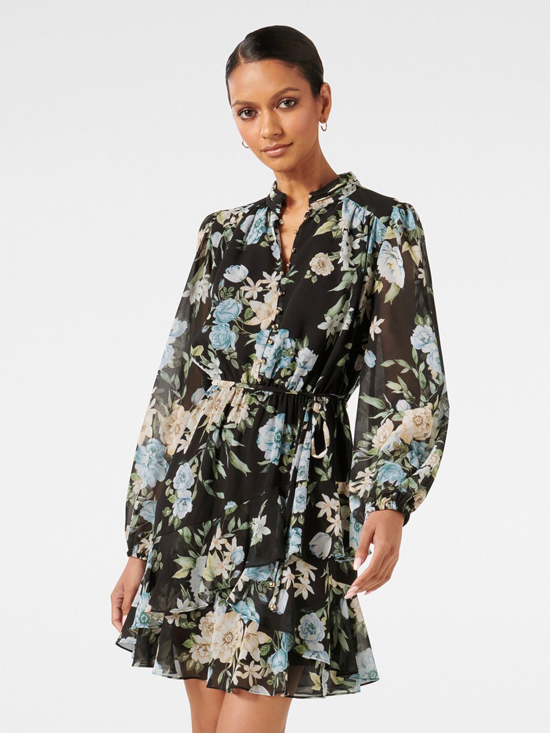 

Forever New Floral Printed Puff Sleeves Layered Fit & Flare Mini Dress, Black