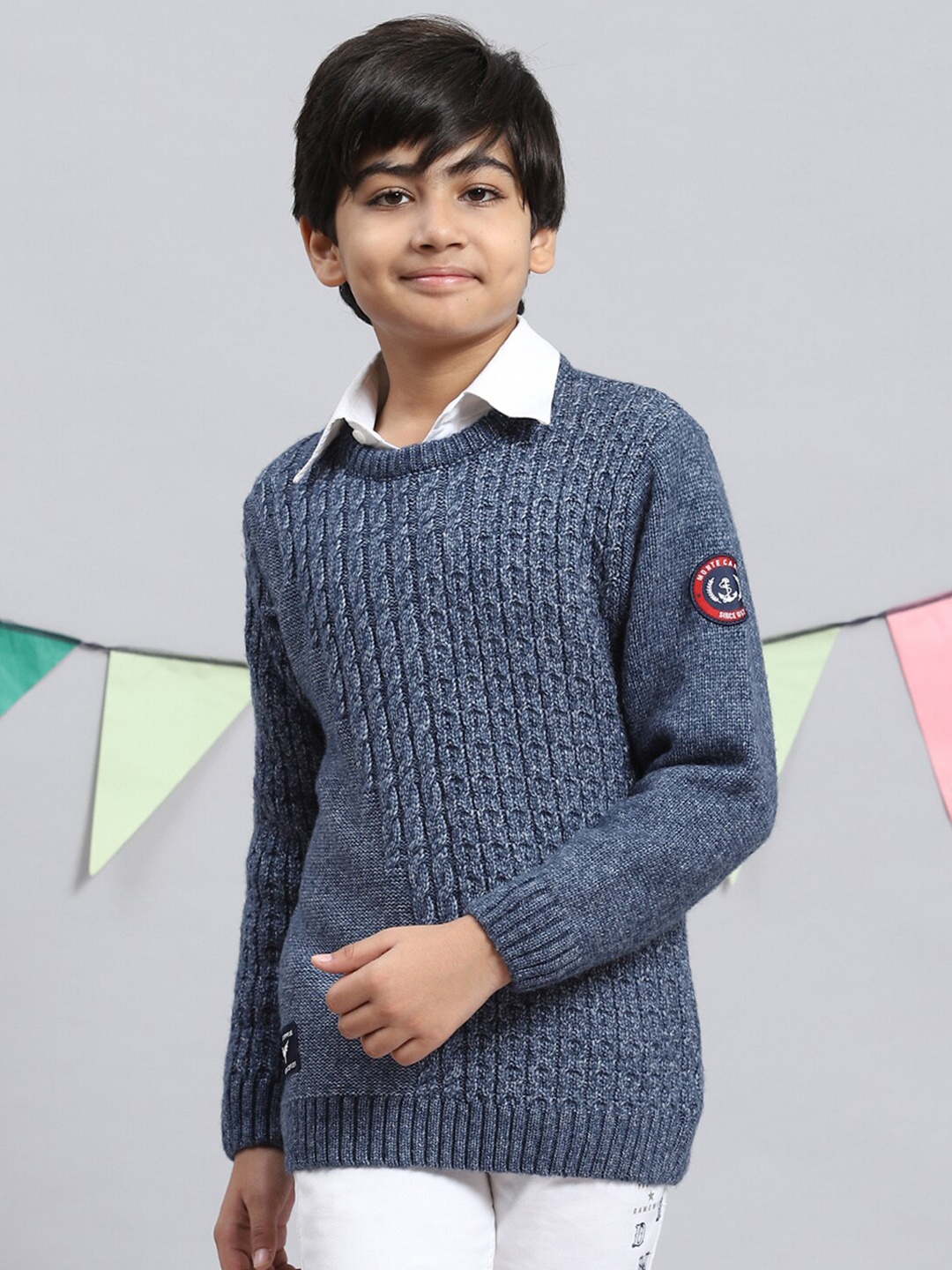 

Monte Carlo Boys Self Design Cable Knit Pullover Sweaters, Blue