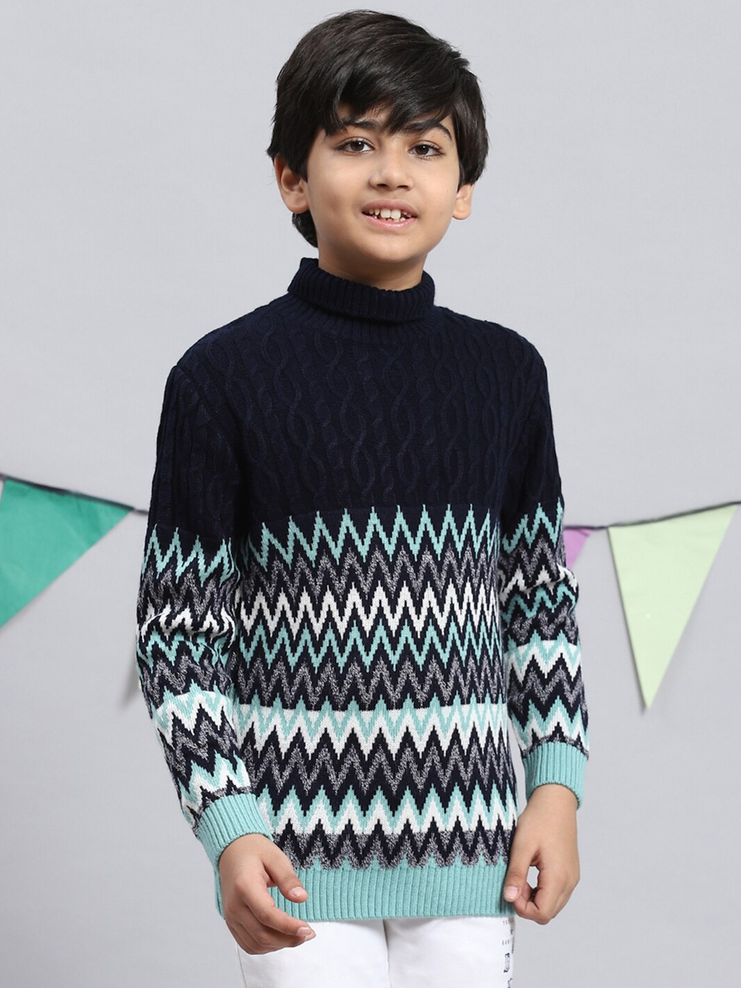 

Monte Carlo Boys Turtle Neck Geometric Self Design Acrylic Pullover, Navy blue