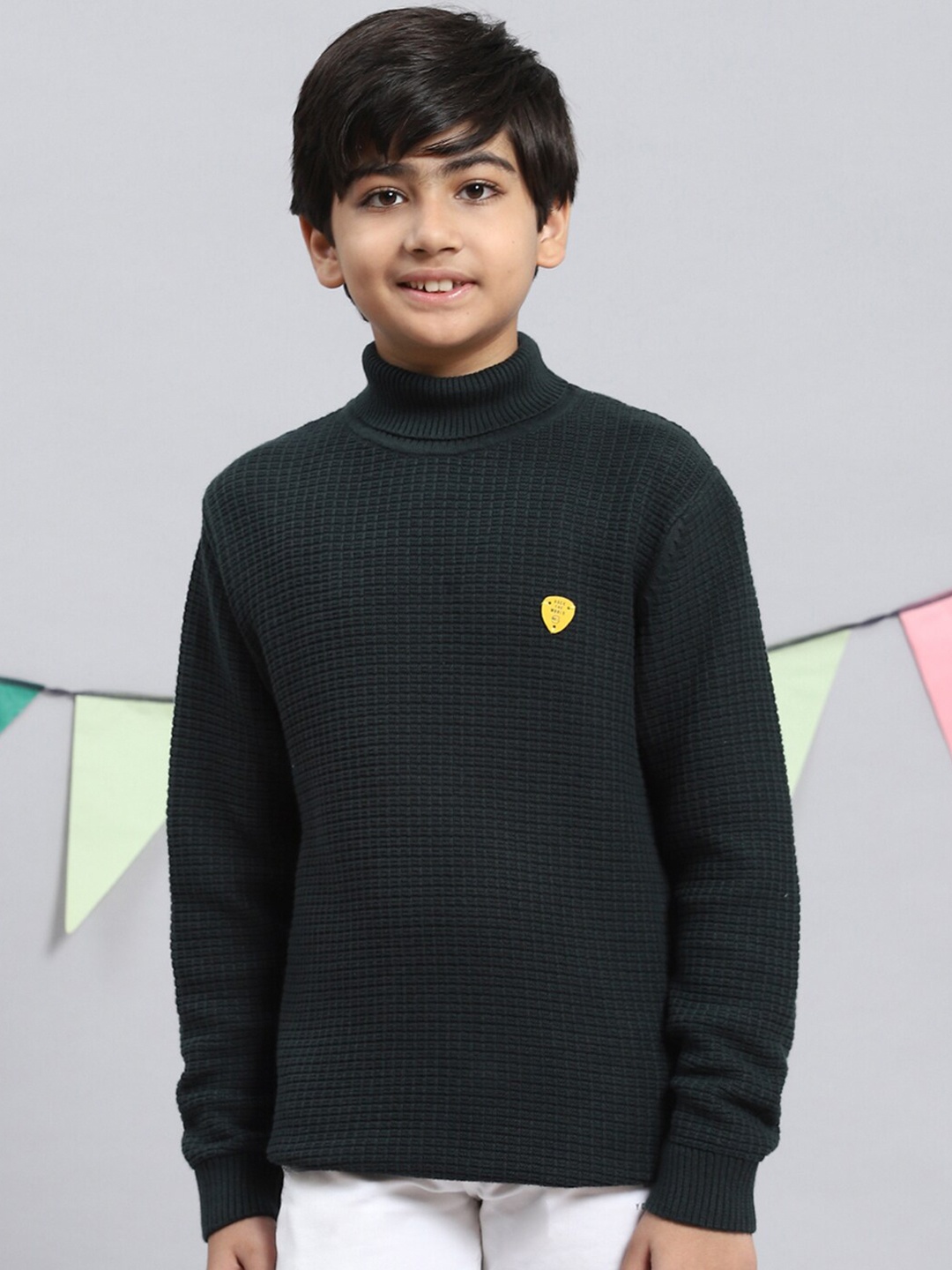 

Monte Carlo Boys Geometric Self Design Turtle Neck Pure Cotton Pullover Sweaters, Teal