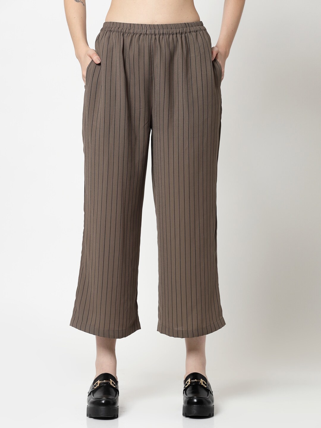 

OFFICE & YOU Women Striped Straight Fit Cotton Palazzos, Beige