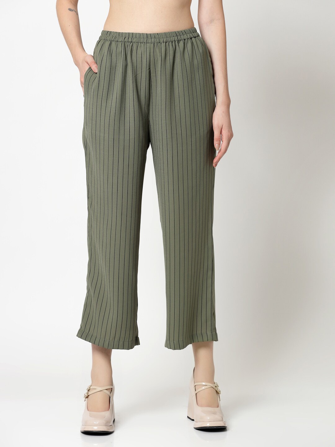

OFFICE & YOU Women Striped Fit Cotton Palazzos, Olive