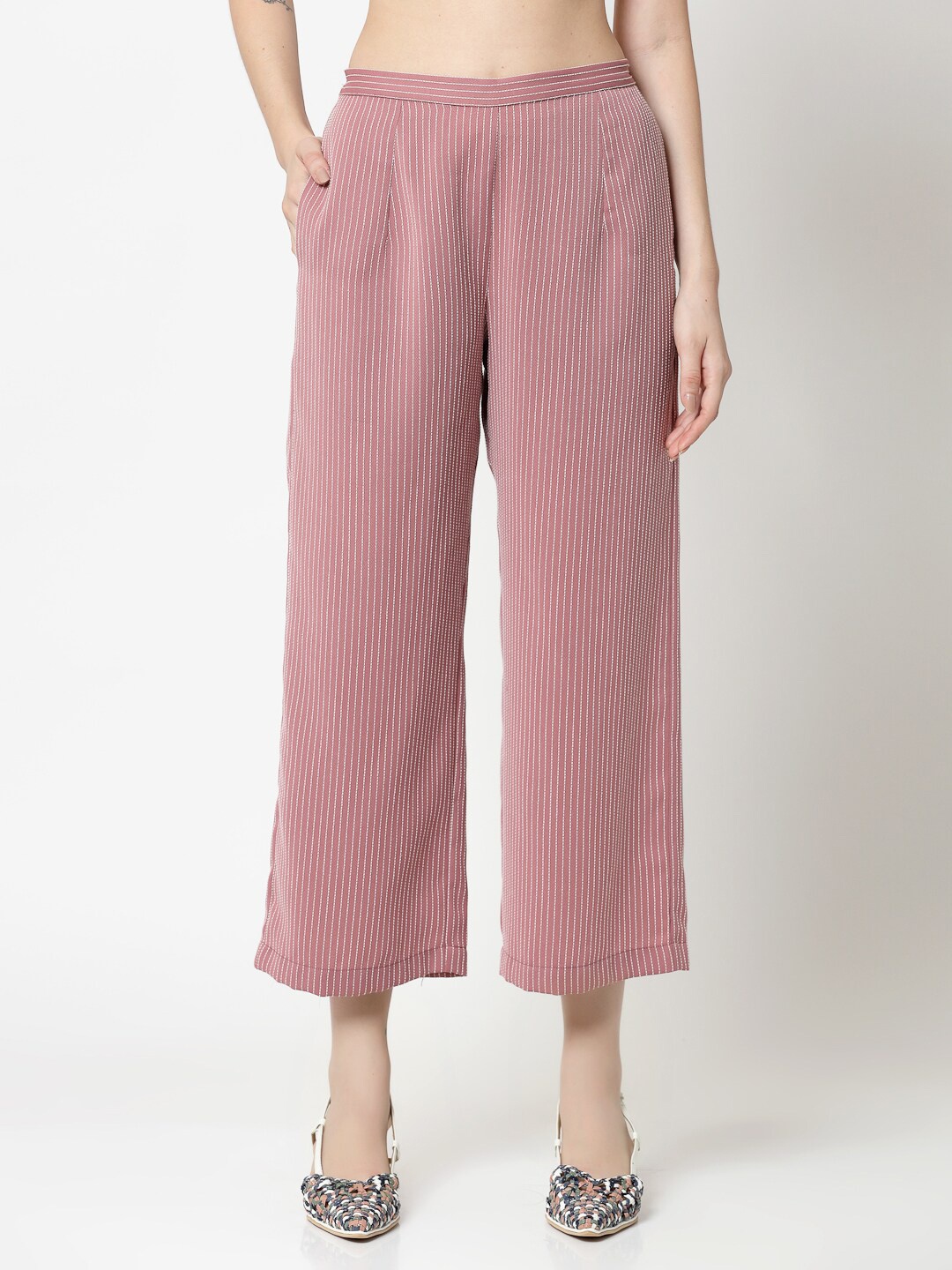 

OFFICE & YOU Women Striped Cotton Straight Palazzos, Pink