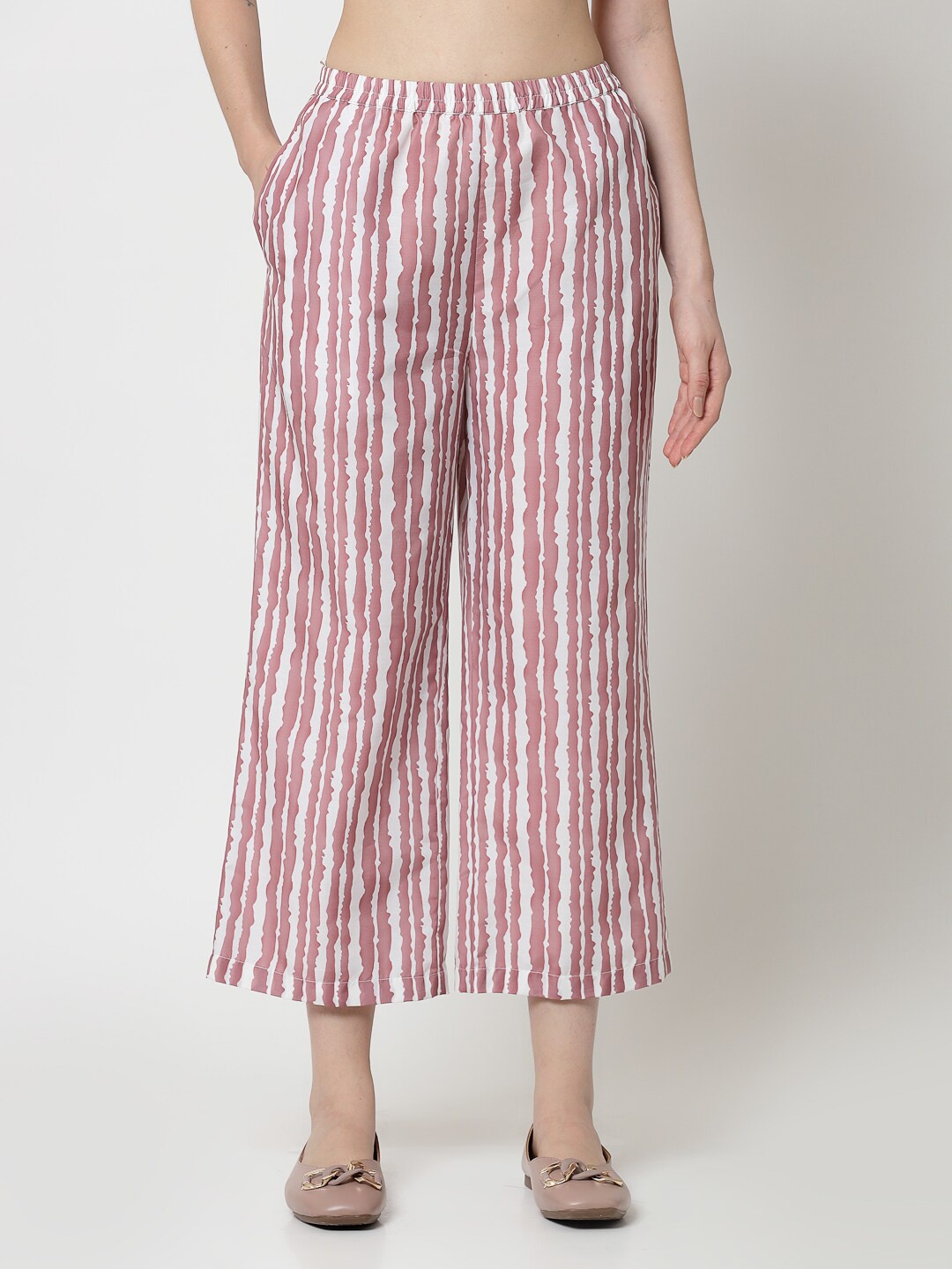 

OFFICE & YOU Women Striped Straight Fit Cotton Palazzos, Pink