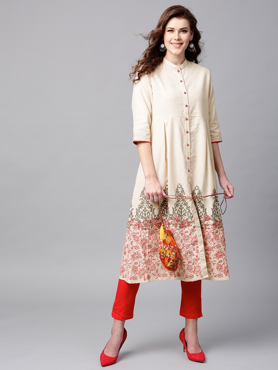 

Tulsattva Women Off-White Block Print A-Line Kurta with Potli Bag