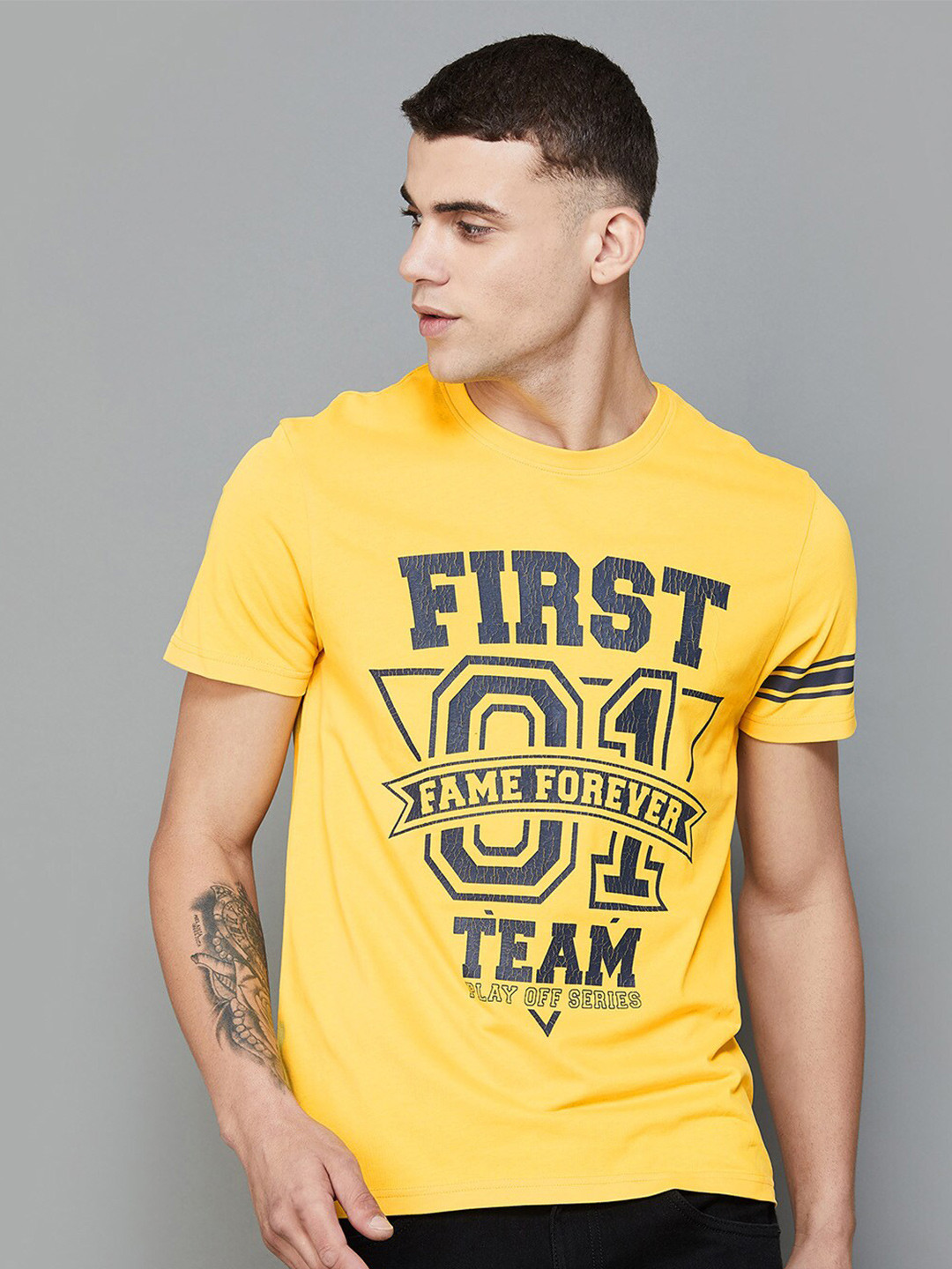 

Fame Forever by Lifestyle Typography Printed Cotton T-shirt, Yellow