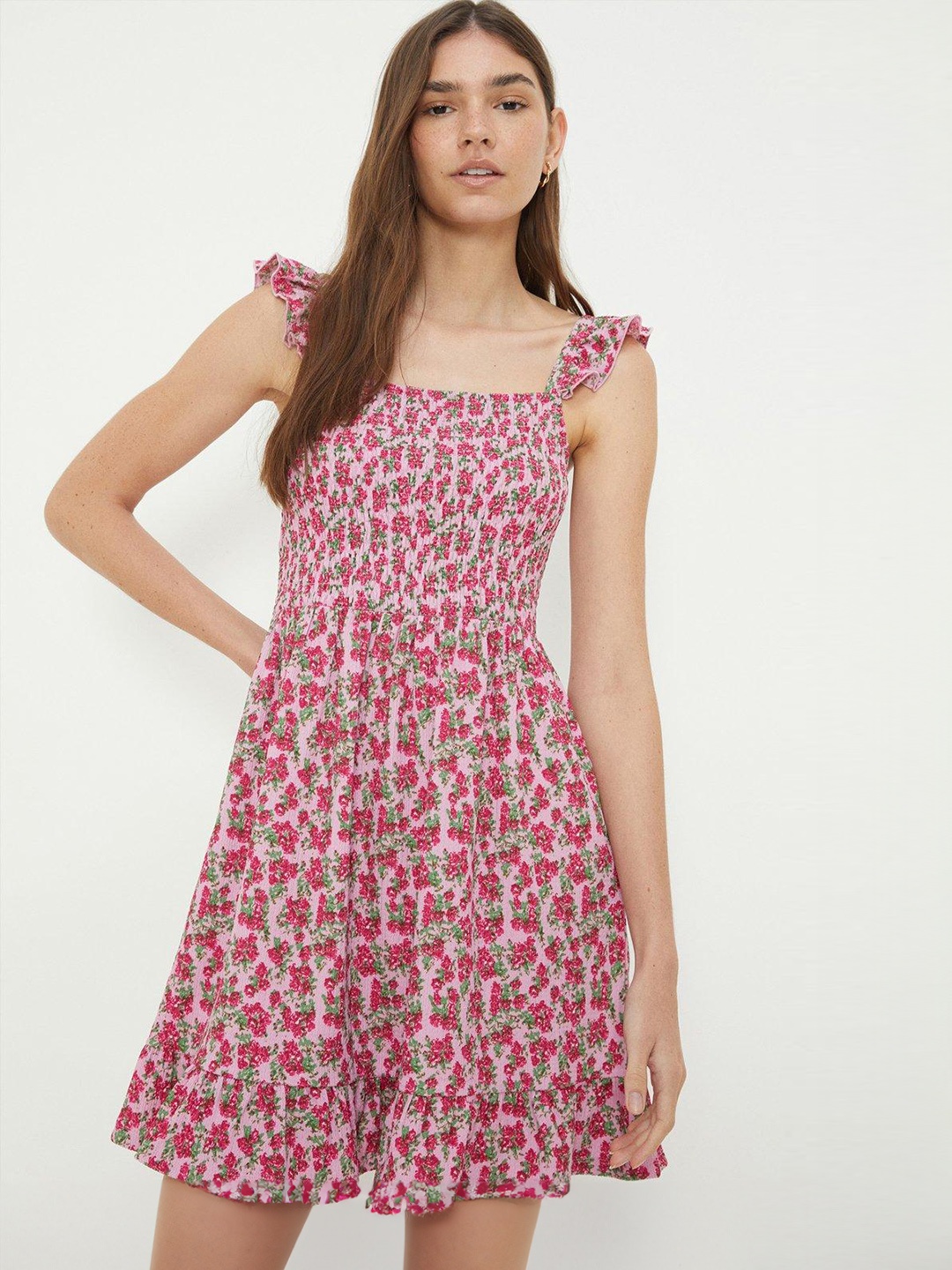 

DOROTHY PERKINS Floral Printed Smocked A-Line Mini Dress, Pink