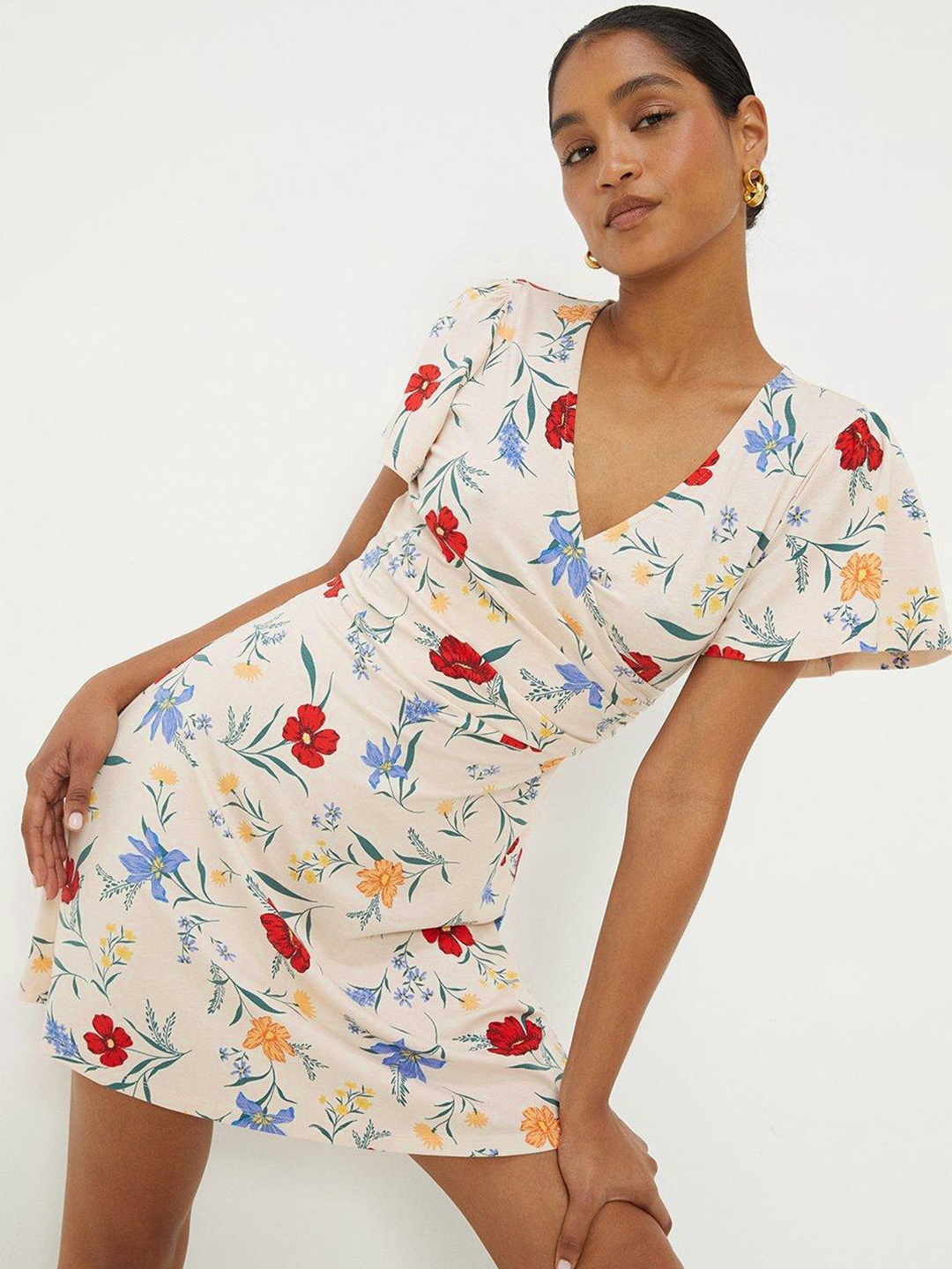 

DOROTHY PERKINS Floral Print Flared Sleeves Mini Wrap Dress, Off white