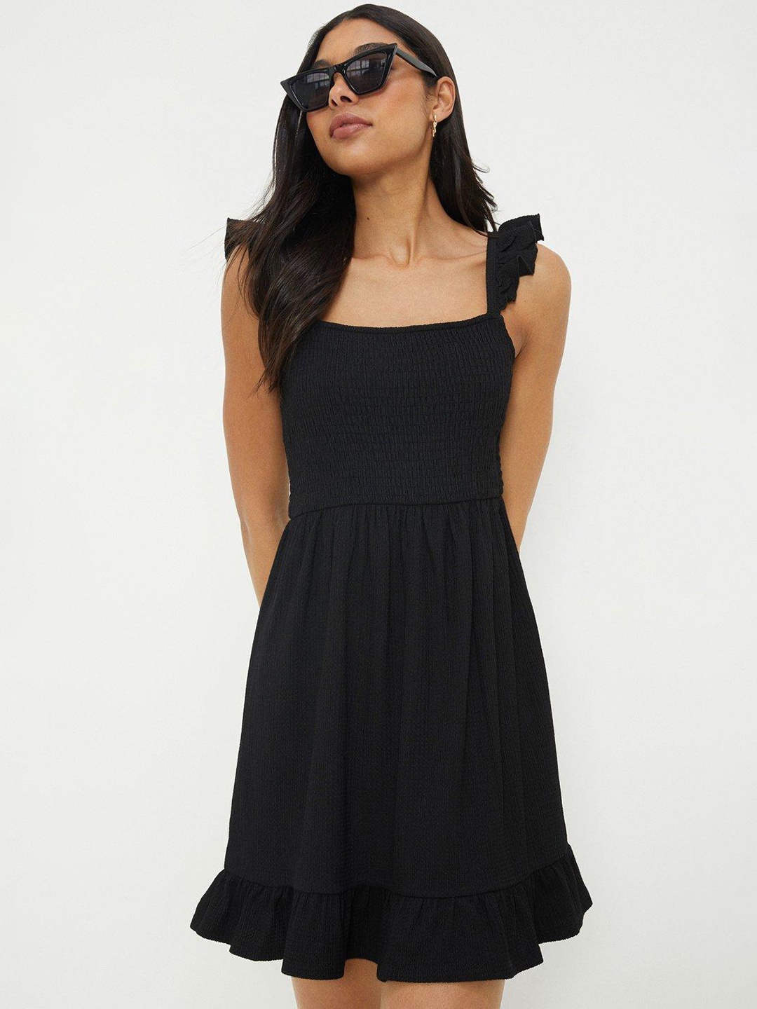 

DOROTHY PERKINS Cotton A-Line Smocked Mini Dress, Black