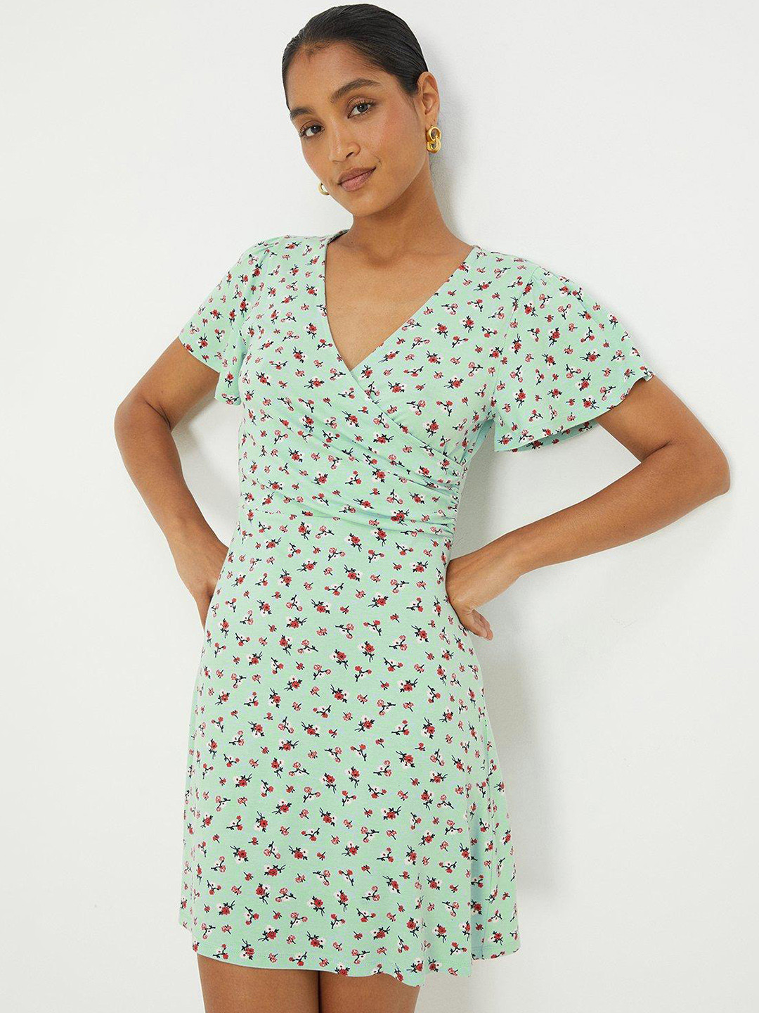 

DOROTHY PERKINS Floral Print Flared Sleeves Wrap Mini Dress, Blue