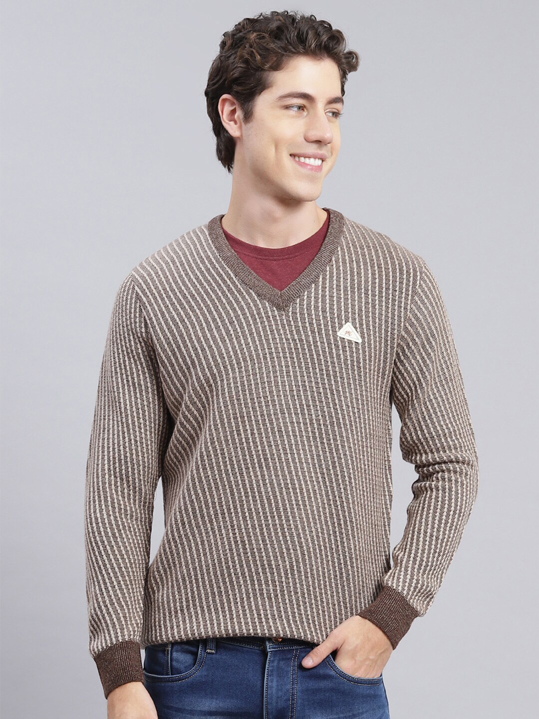 

Monte Carlo V-Neck Striped Woollen Pullover, Brown