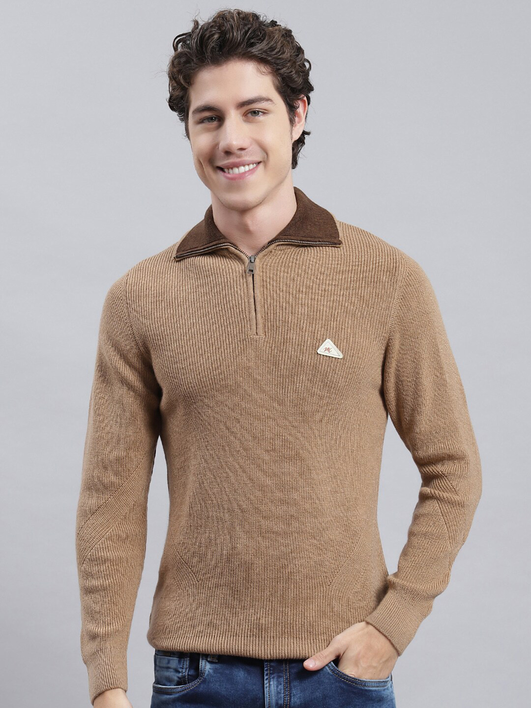 

Monte Carlo Ribbed Shirt Collar Pullover, Camel brown