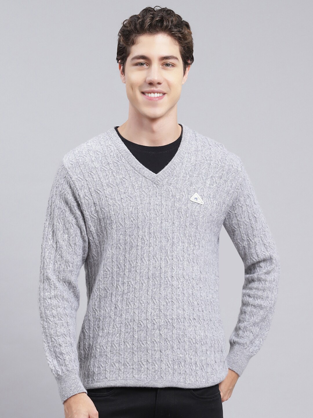 

Monte Carlo Self Design Cable Knit V-Neck Woollen Pullover Sweaters, Grey