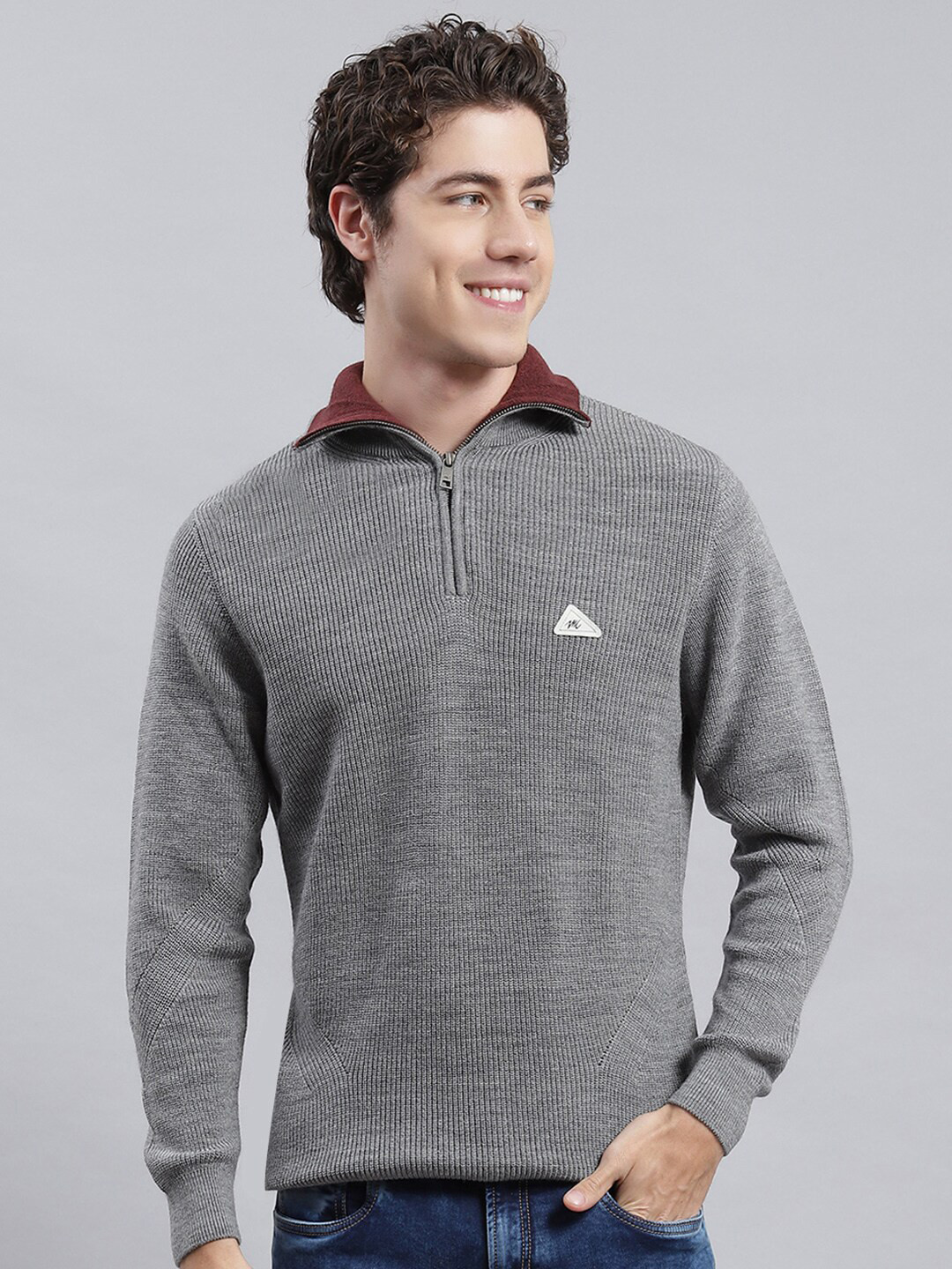 

Monte Carlo Mock Collar Ribbed Woollen Pullover, Grey melange