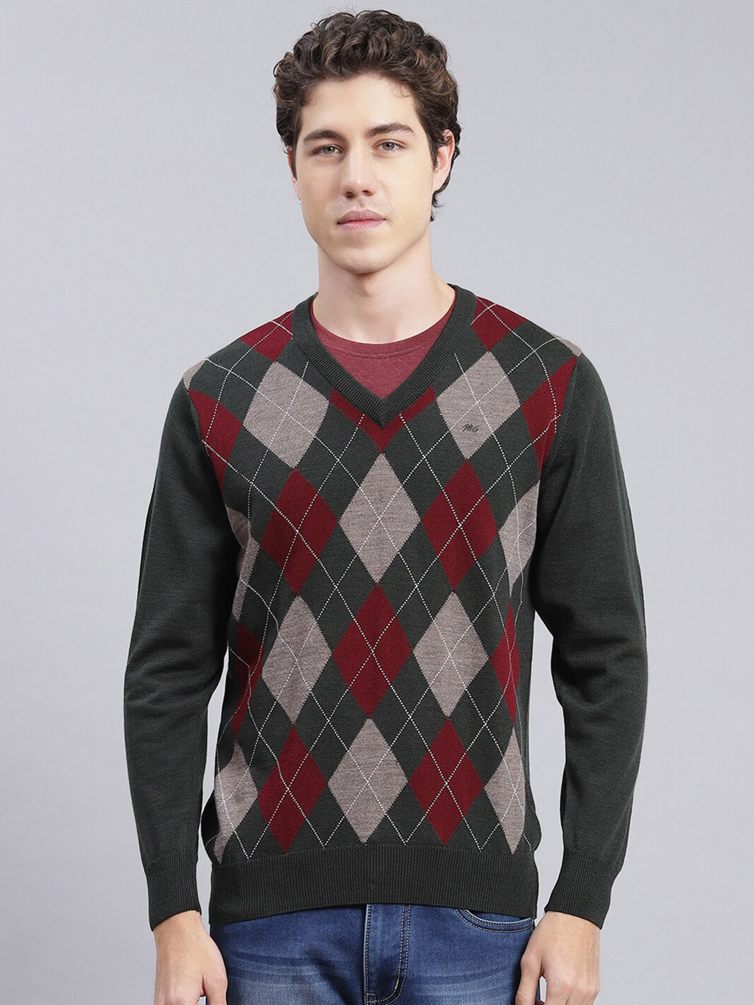 

Monte Carlo V-Neck Checked Woollen Pullover, Green