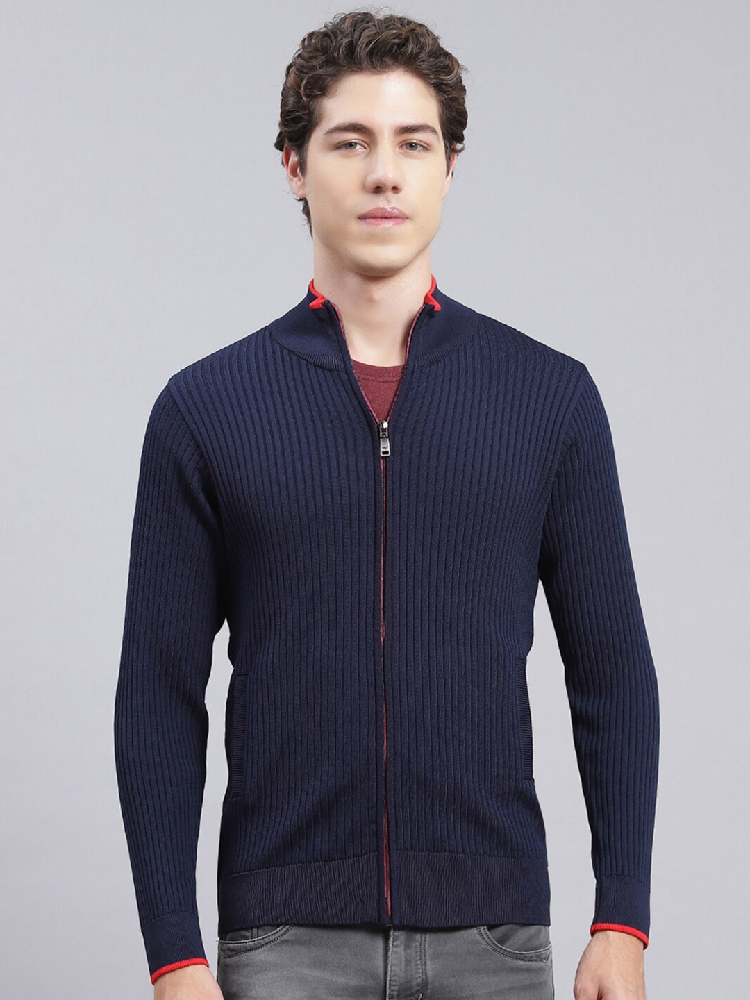 

Monte Carlo Self Design Cable Knit Mock Collar Cardigan Sweaters, Navy blue
