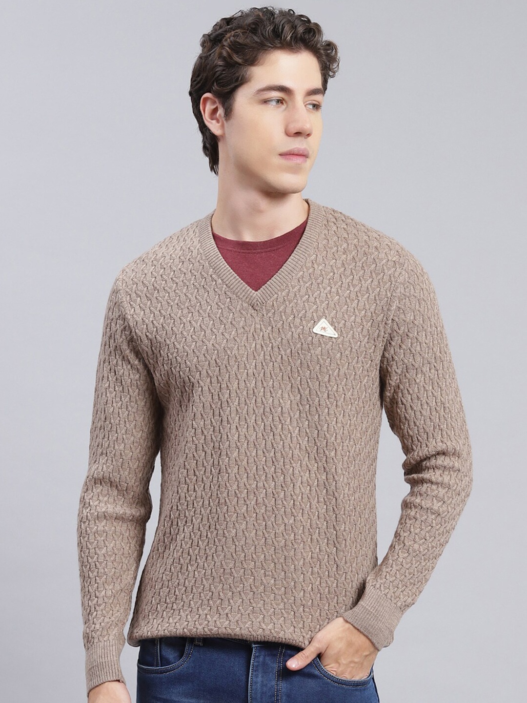 

Monte Carlo Self Design Cable Knit Woollen Pullover, Camel brown