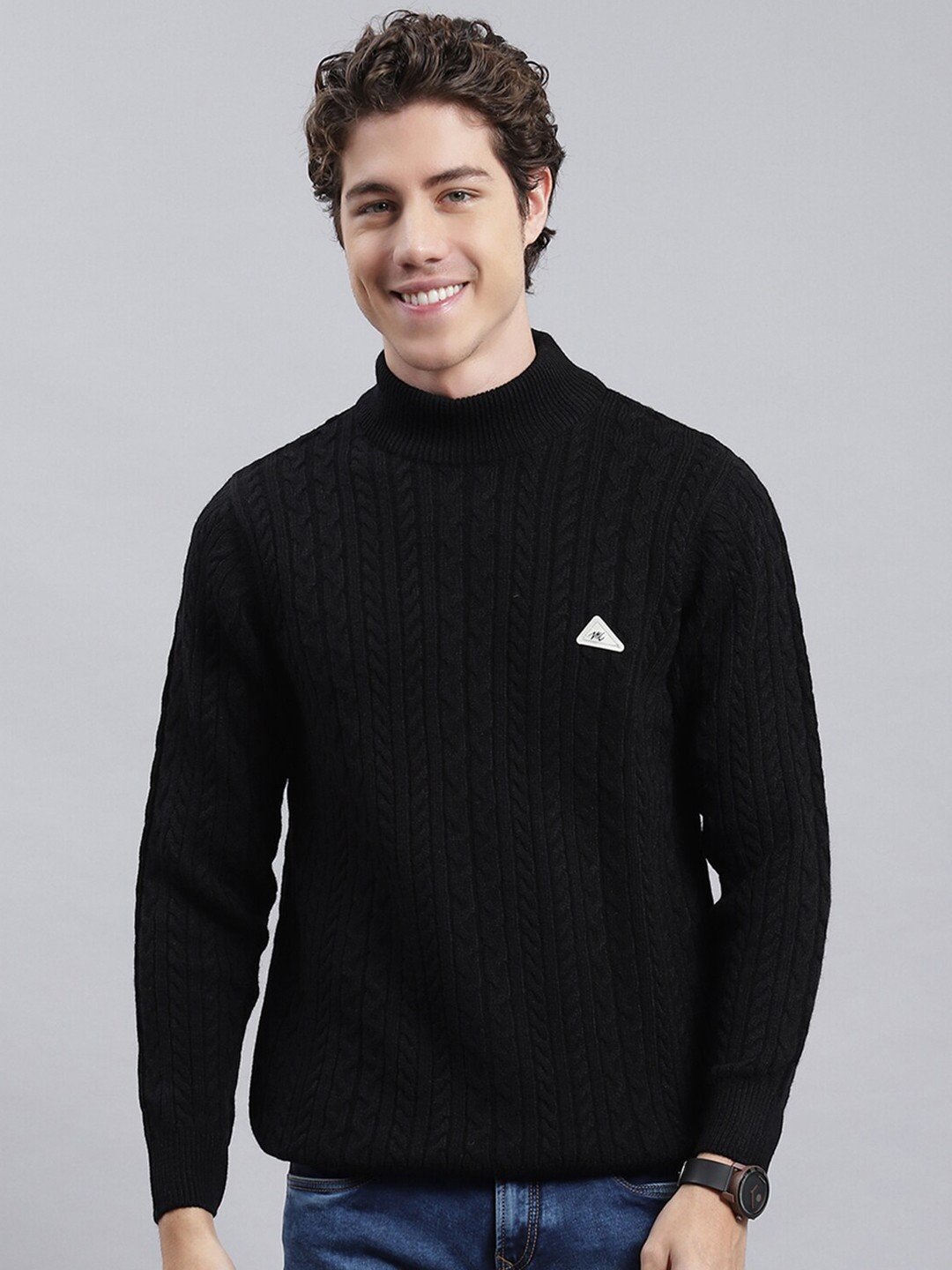 

Monte Carlo Turtle Neck Cable Knit Woollen Pullover, Black