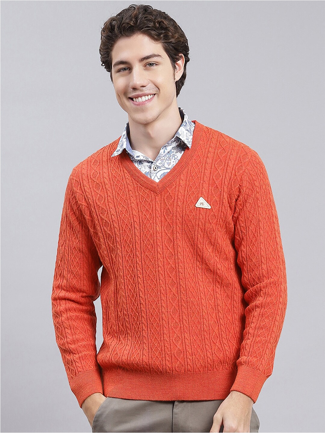 

Monte Carlo Self Design Cable Knit Woollen Pullover Sweaters, Orange
