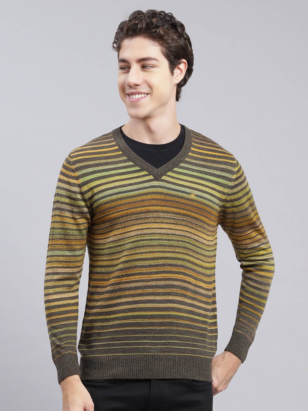 

Monte Carlo V-Neck Striped Pullover Sweater, Green