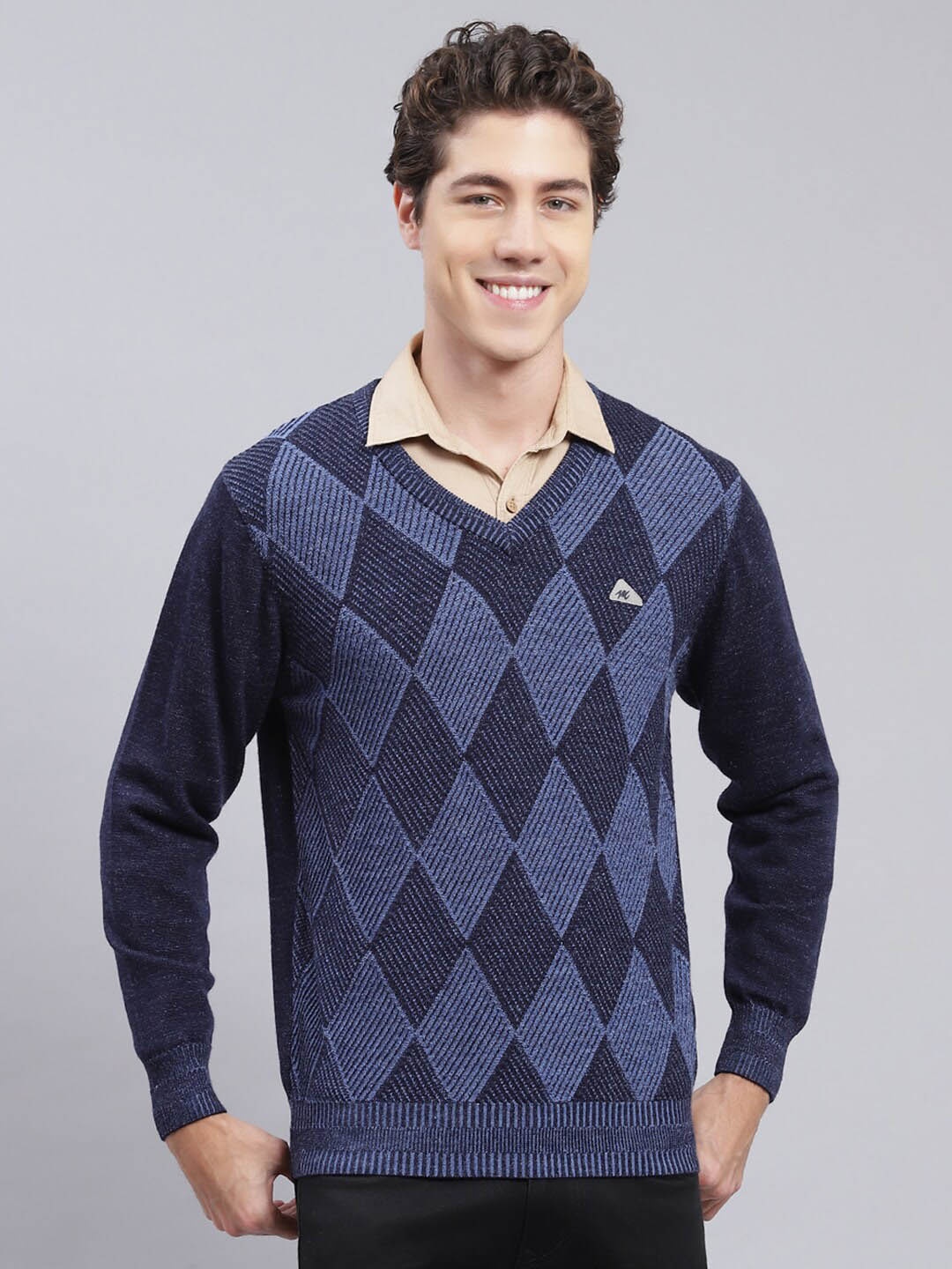 

Monte Carlo Checked Woollen Pullover Sweaters, Navy blue