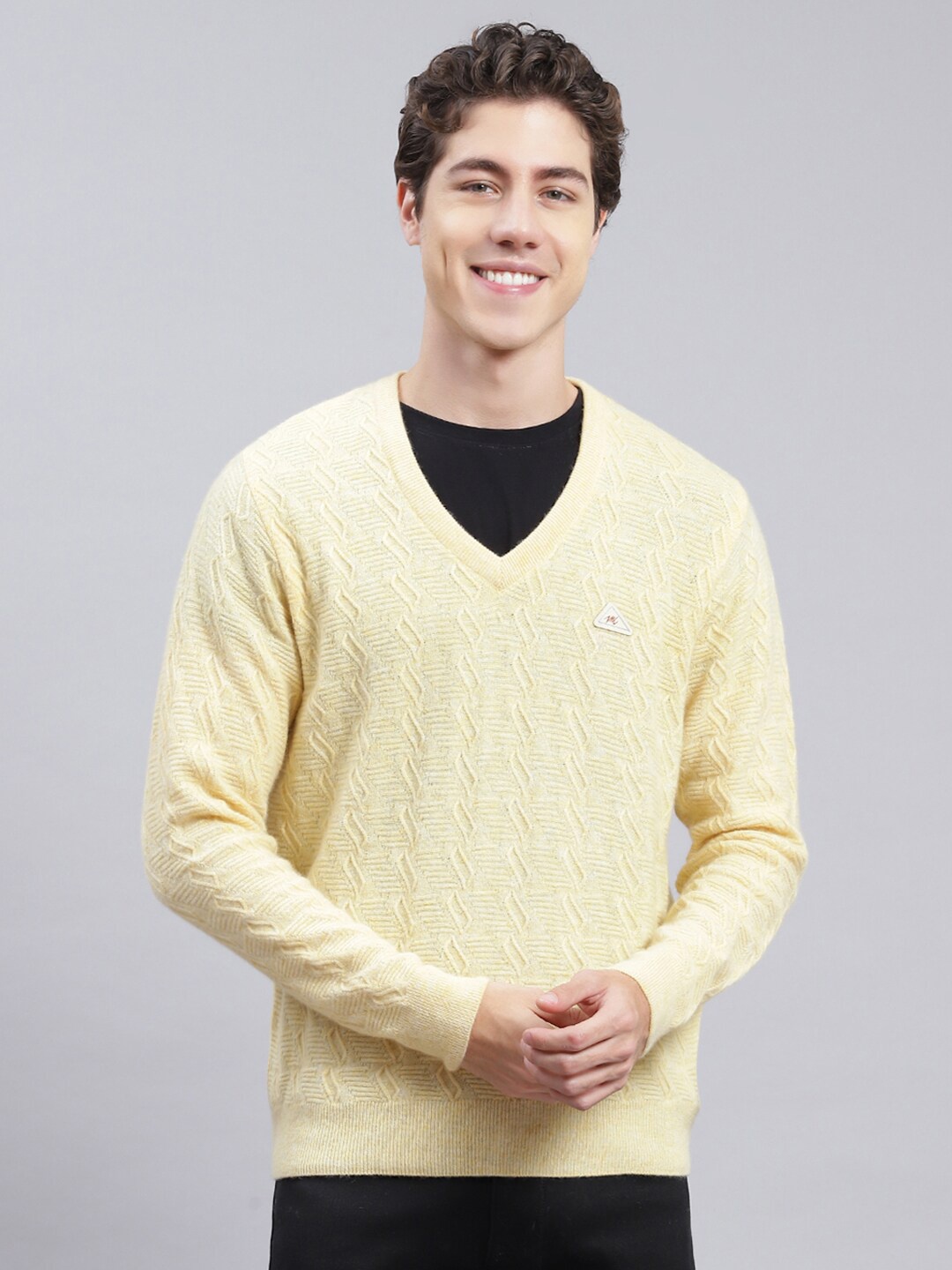 

Monte Carlo Cable Knit Self Design Woollen Pullover Sweater, Yellow
