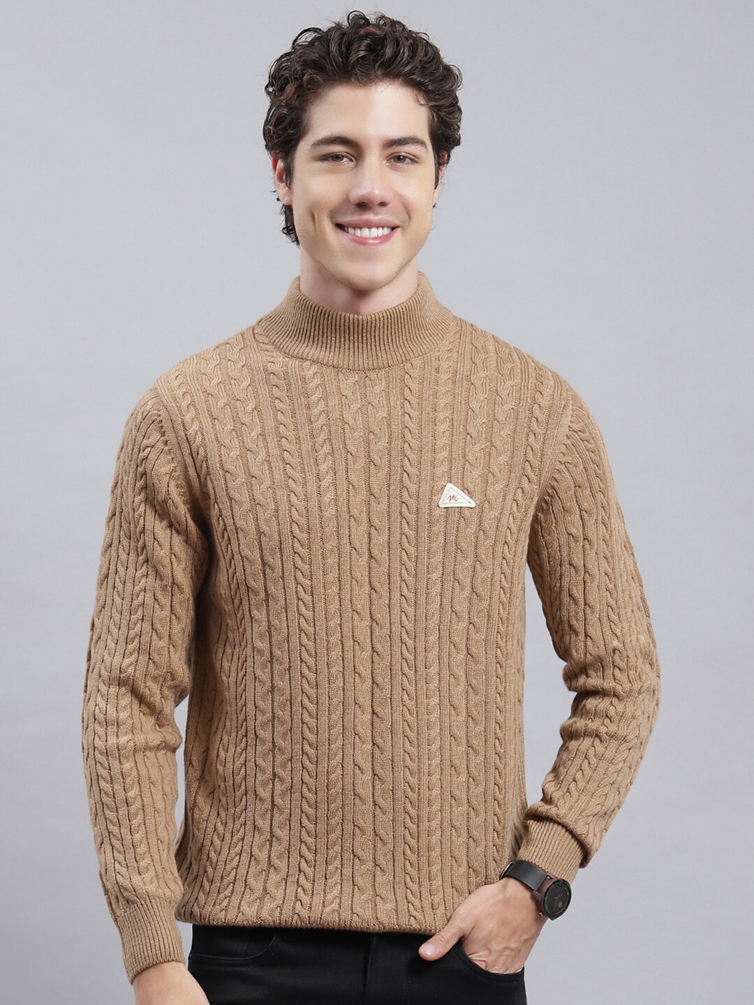 

Monte Carlo Turtle Neck Cable Knit Woollen Pullover, Camel brown