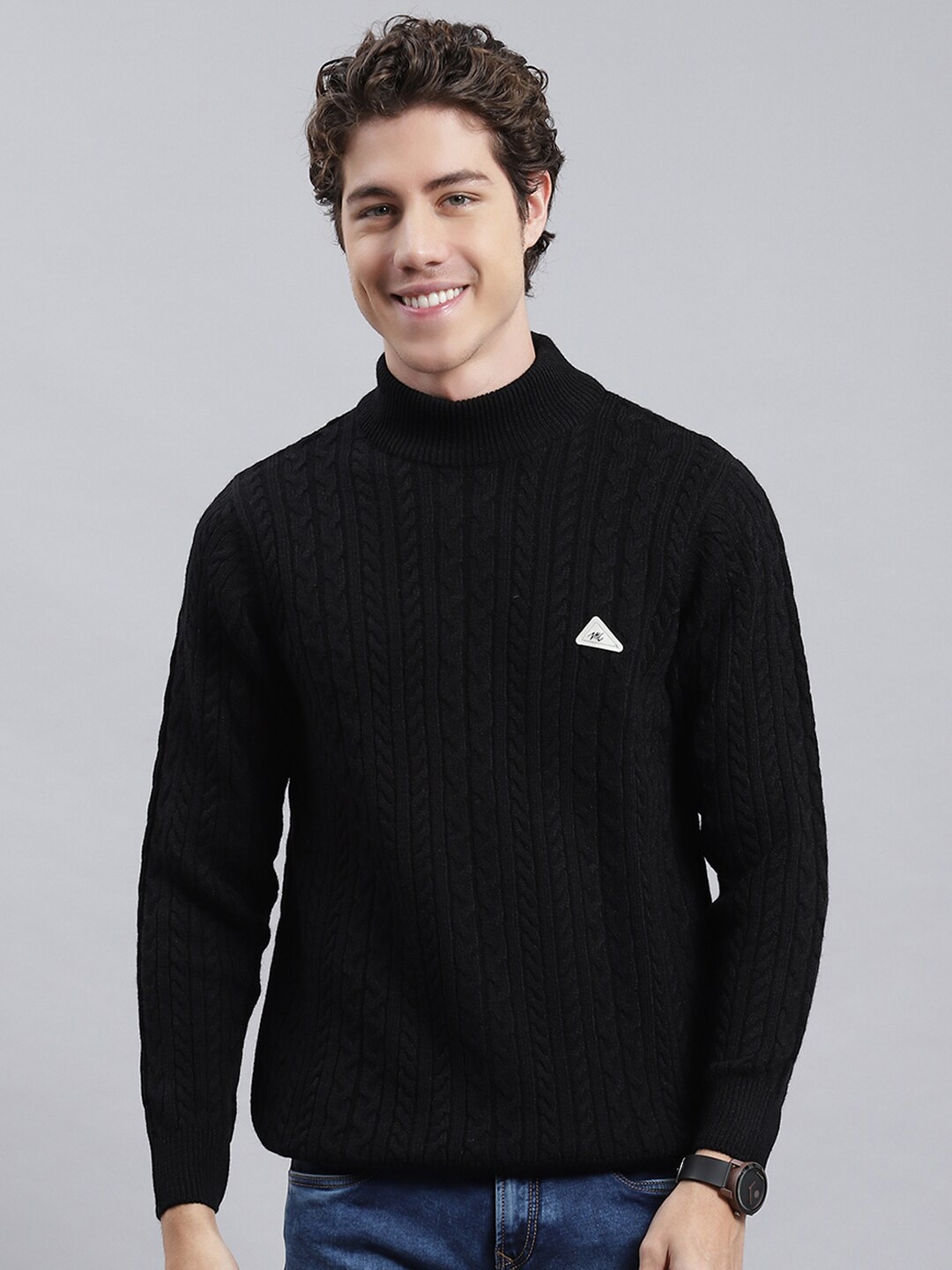 

Monte Carlo Cable Knit Turtle Neck Woollen Pullover, Black